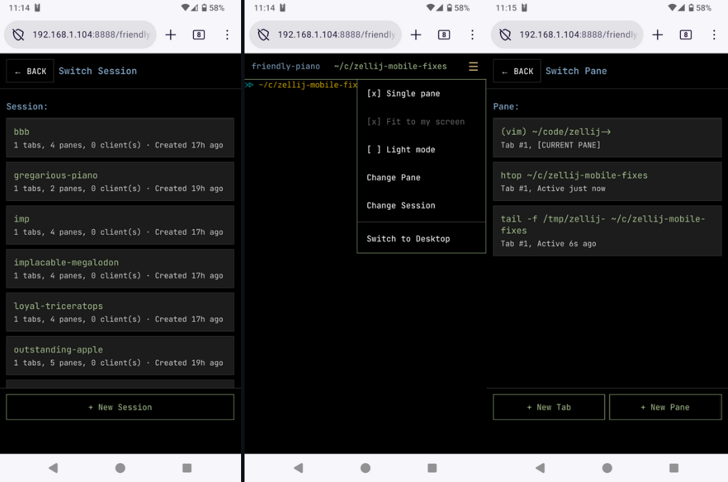 A screenshot of the Zellij web client running on a phone, showing the dedicated mobile interface