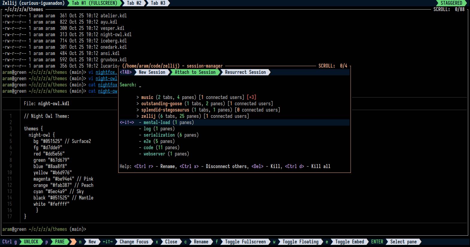 A screenshot of Zellij with the new night owl theme