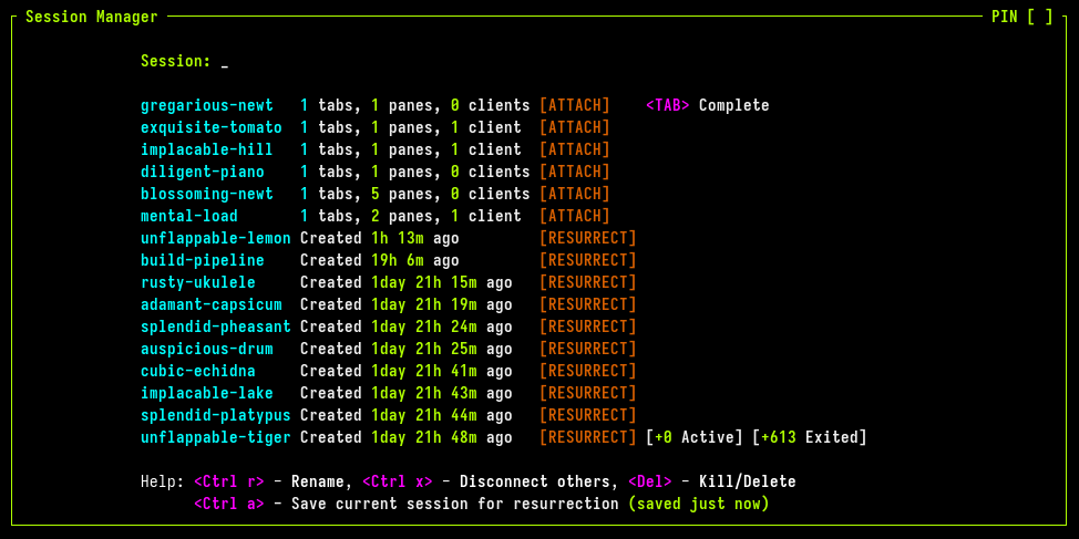 An image of Zellij session-manager about to attach to a new session.