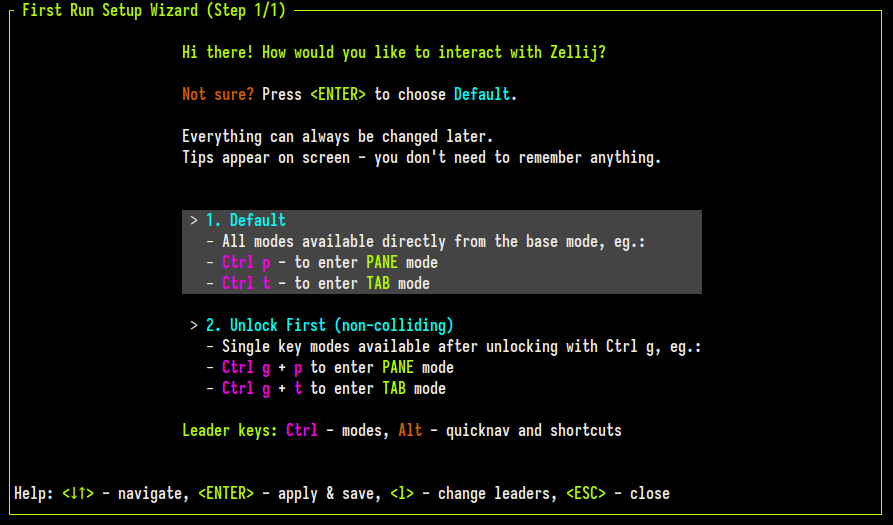 A image of the Zellij setup wizard