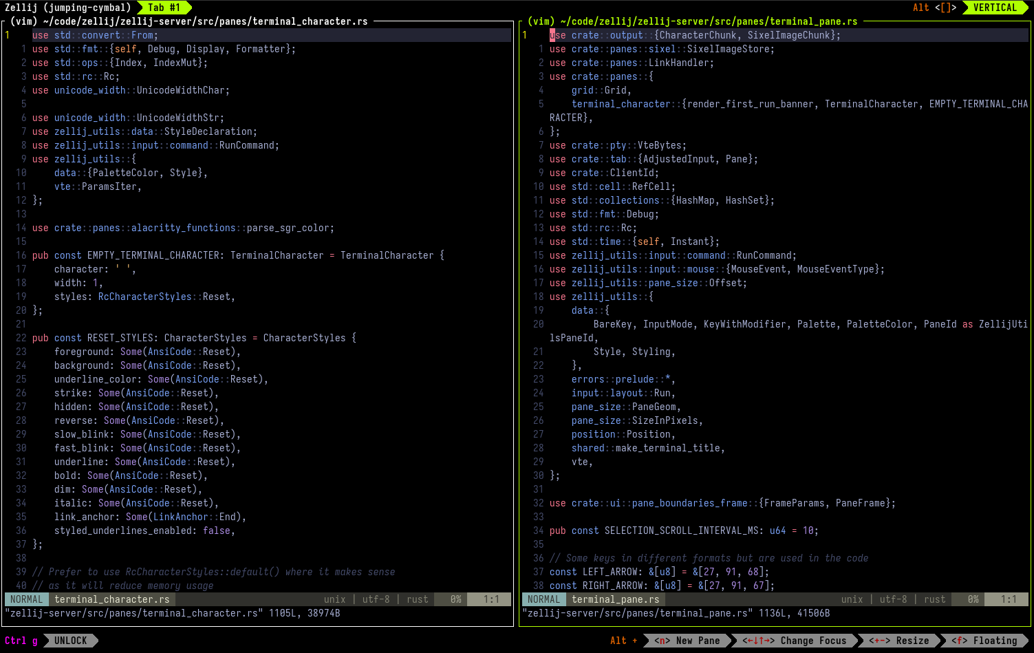 An image of Zellij two editor panes side by side.