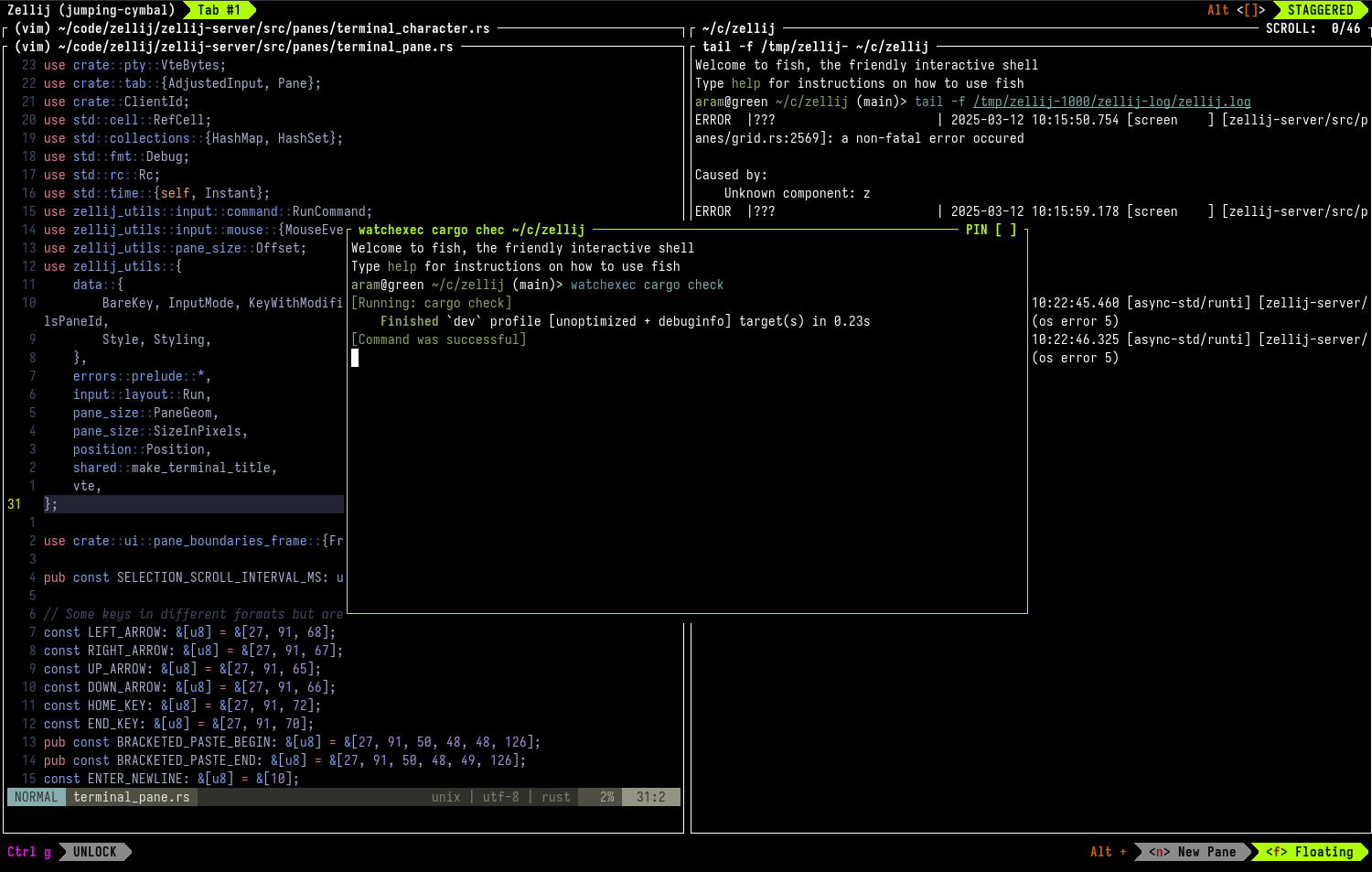 An image of two pane stacks on the left and right halves of the screen, with an additional pane floating above them in the middle running the watchexec cargo check command.