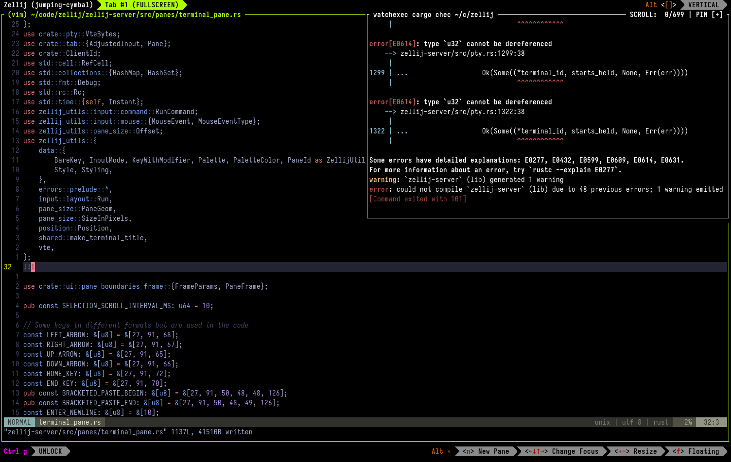 An image of one editor pane taking up the whole screen with a floating watchexec cargo check pane set as pinned (always-on-top) on the top right of the screen, showing compiler errors relating to the editor pane below it in real time.