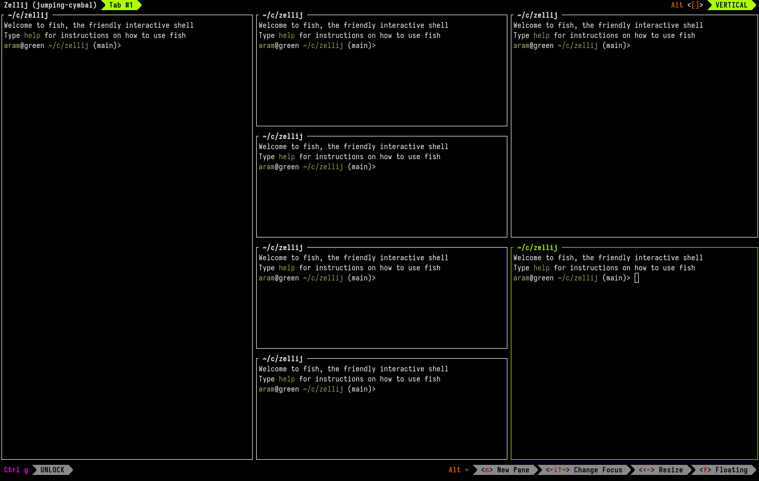 An image of six terminal panes of different sizes arranged in different locations on the same tiled surface on screen.