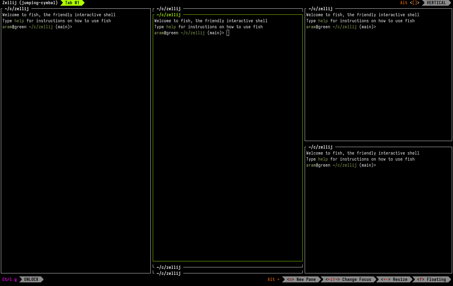 An image of three terminal panes of different sizes arranged in different locations on the same tiled surface on screen with an additional pane stack in the middle.