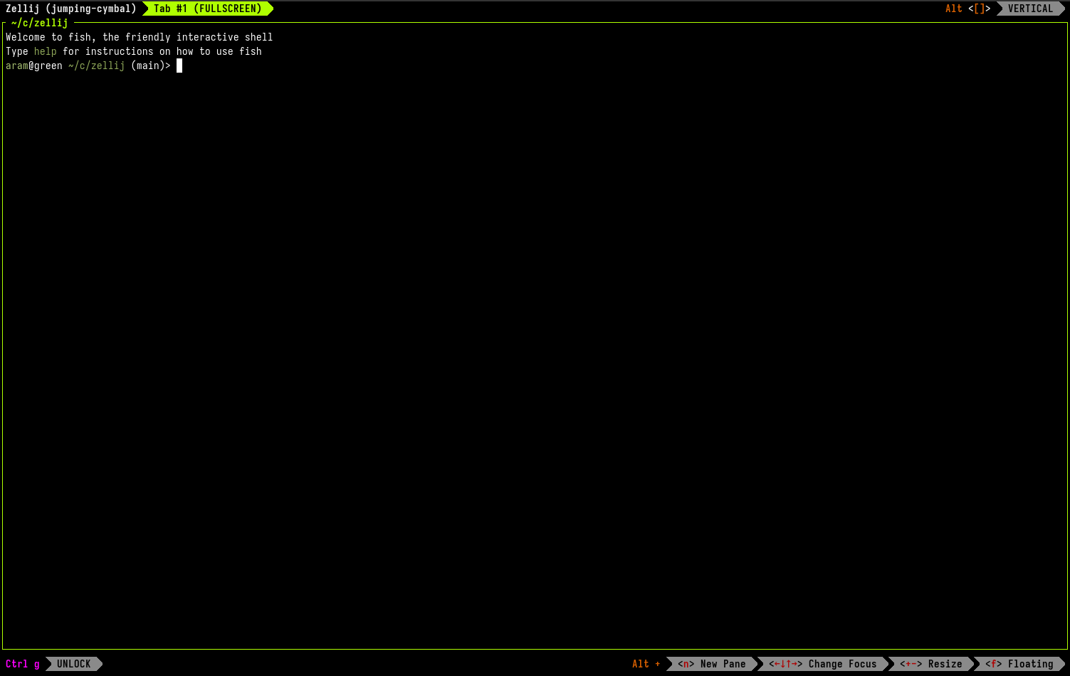 An image of a single terminal pane taking up the whole screen with the (FULLSCREEN) indication on its tab above.