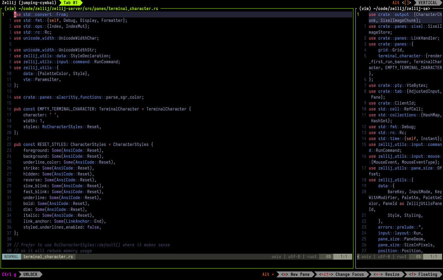 An image of Zellij two editor panes side by side, one of them taking up more space.