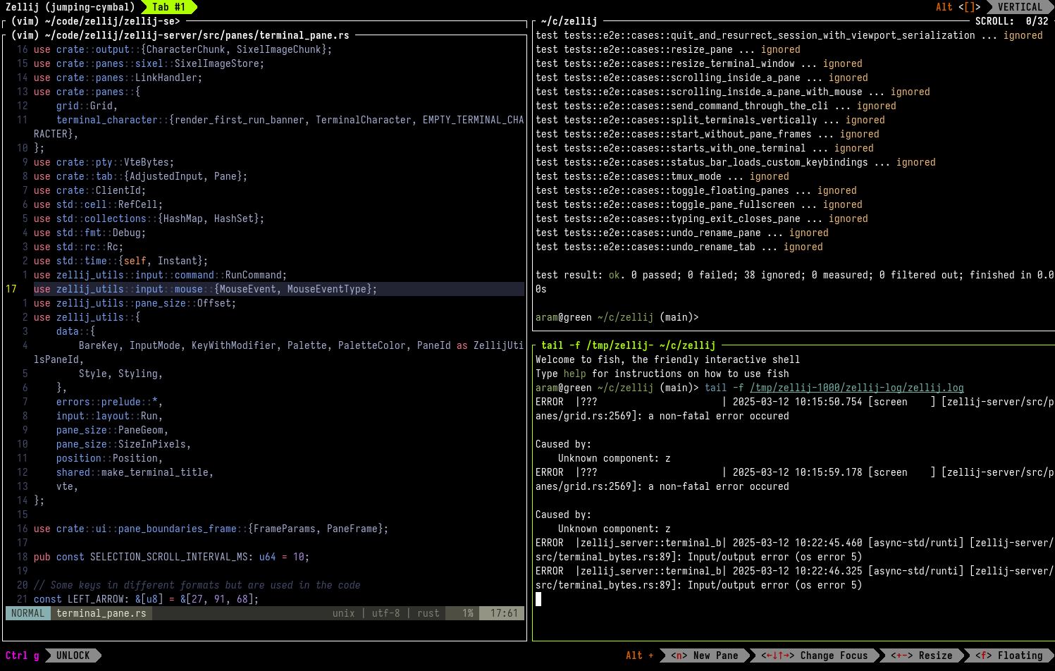 An image of a stack of panes taking up the right side of the Zellij screen, with two additional panes taking up the left side one on top of the other - one running cargo test, the other tailing a log file.