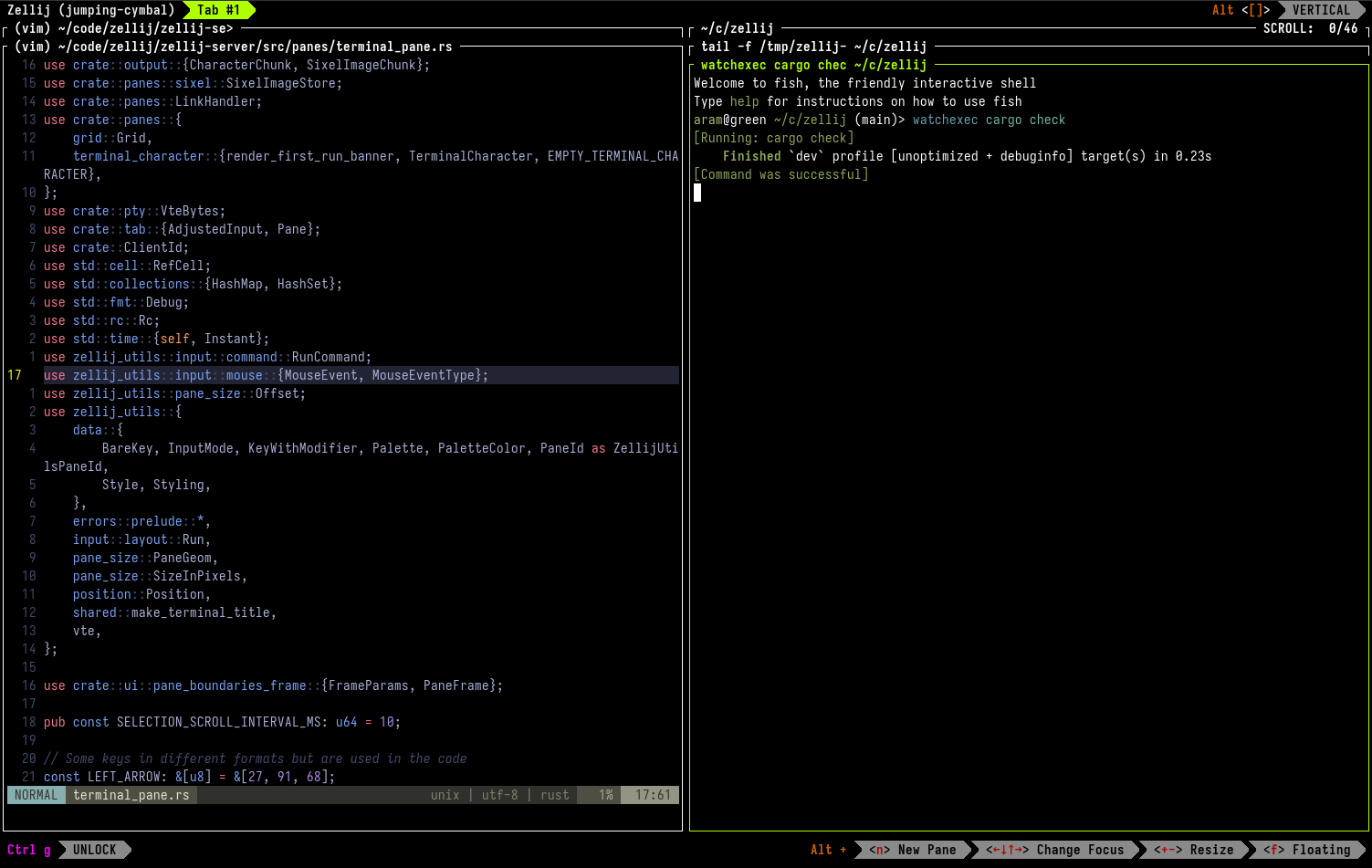 An image of a stack of panes taking up the right half of the Zellij screen, with an additional stack taking up the left half of the screen. This time, the bottom of the stack includes the watchexec cargo check command.