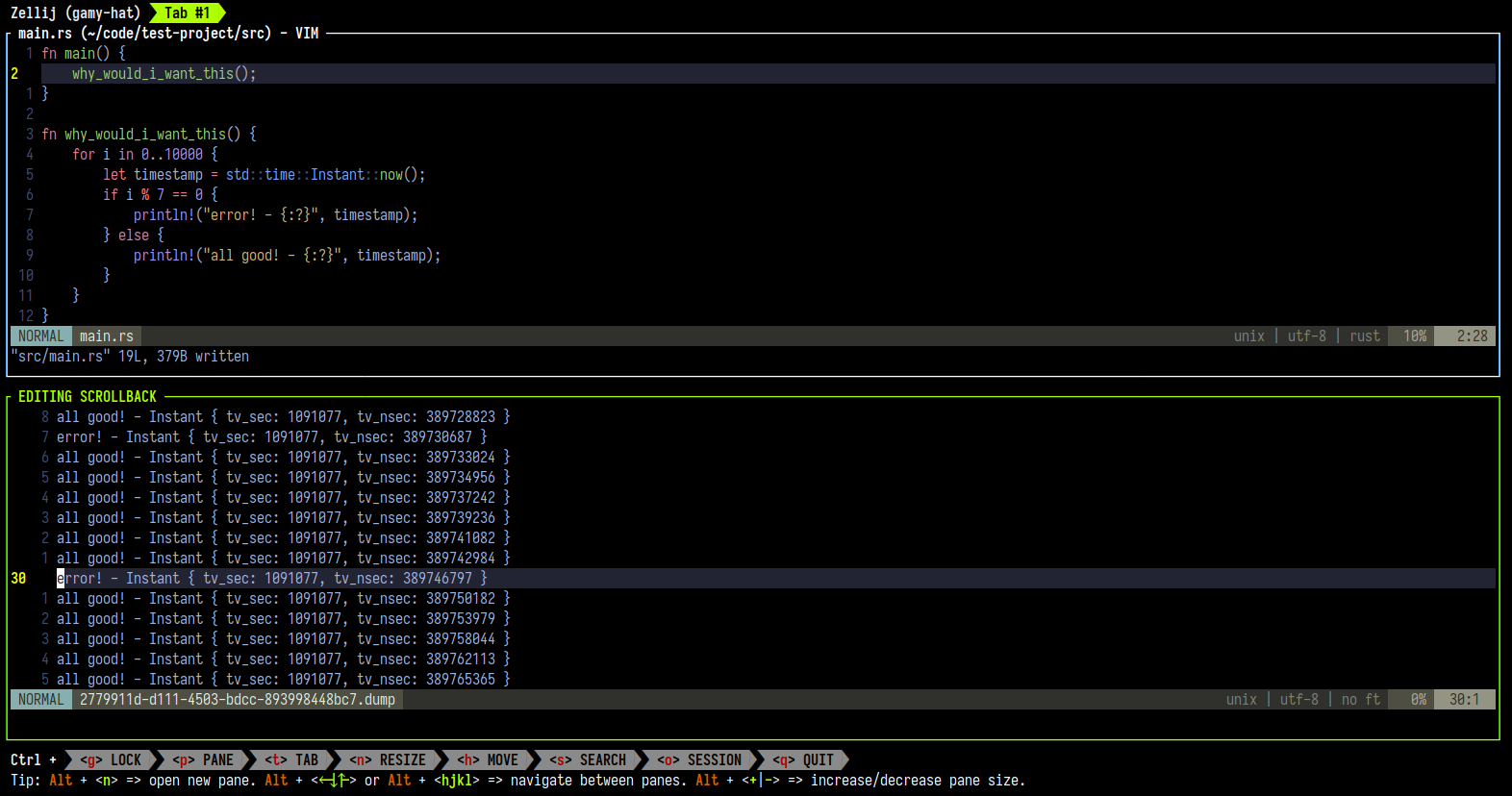 An image of Zellij with a pane open to the vim editor editing its own scrollback