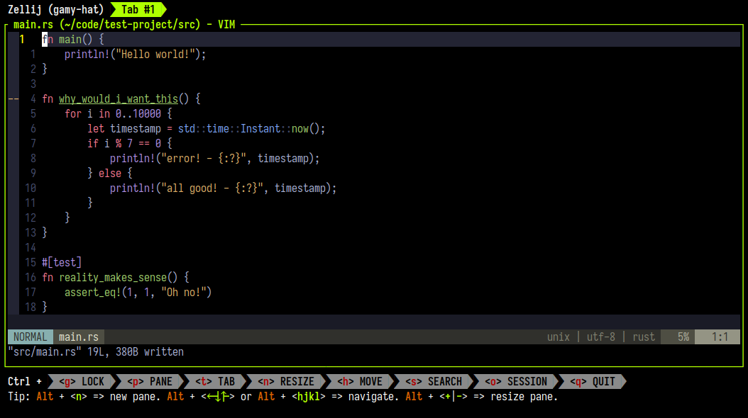 An image of Zellij running inside a terminal with vim open to the main.rs file of the project.