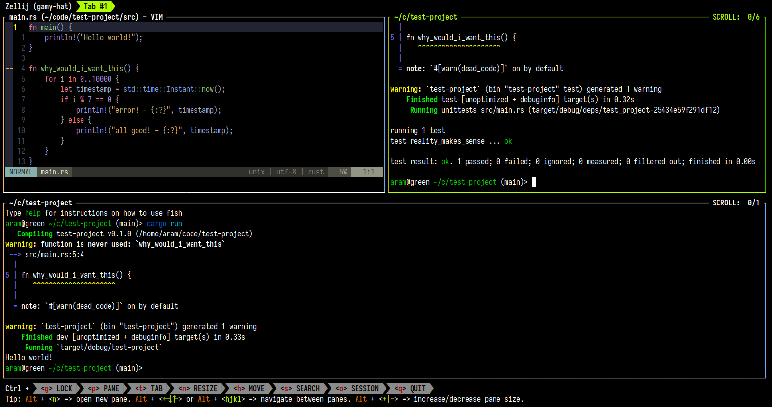 An image of Zellij with three panes, one open to main.rs, one running cargo run and the third running cargo test