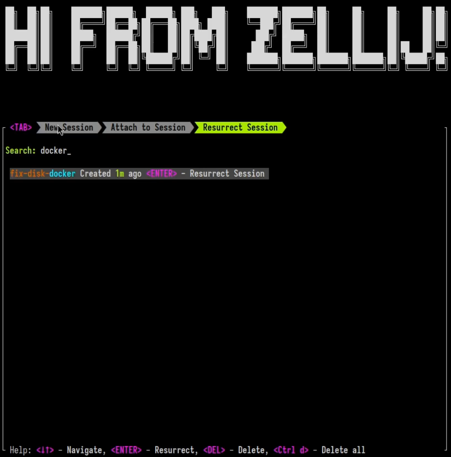 An image of Zellij welcome-screen about to resurrect a new session.