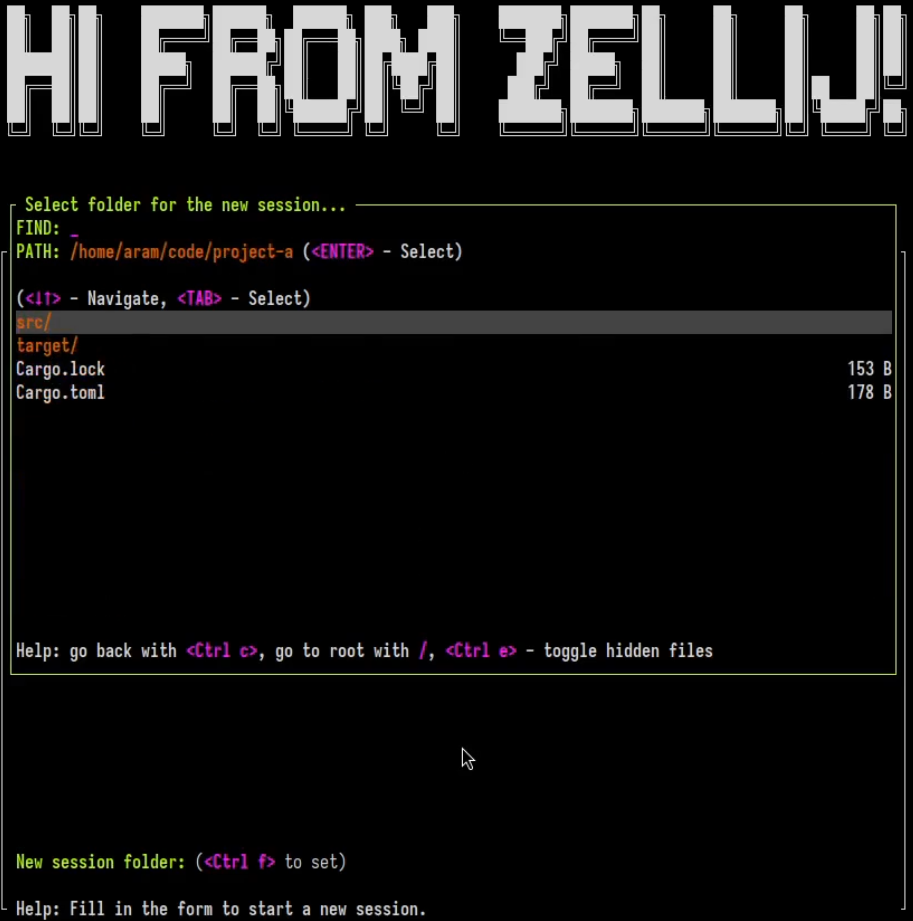 An image of Zellij welcome screen with the filepicker opened.