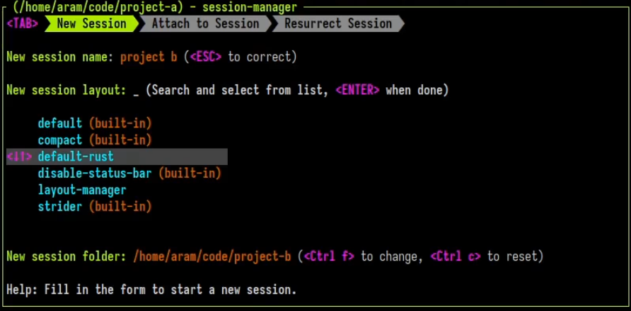 An image of Zellij session-manager pointed to the 'default-rust' layout.