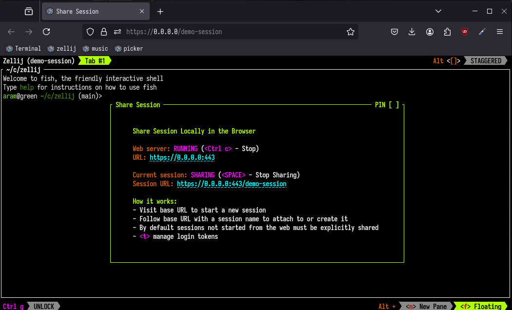 A screenshot of a Zellij session running inside a browser